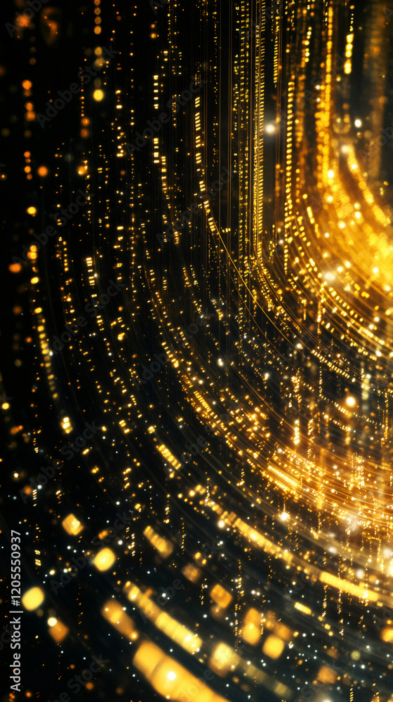 Poster Abstract golden streams of light particles flowing and merging on a dark background, creating a mesmerizing visual effect