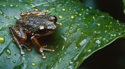 Obraz premium Vibrant Tree Frog on Dew-Covered Green Leaf in Tropical Rainforest