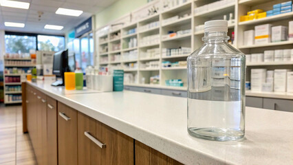clear bottle of sanitizer with a dropper cap sits on a countertop in a well-organized pharmacy.