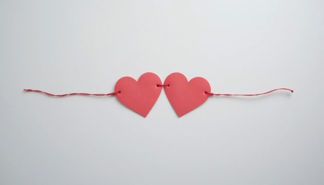 Two Intertwined Coral Hearts Connected by a Thin Red String on White Background