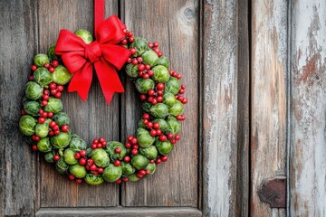 Fototapeta premium Festive Christmas Wreath Decorated with Fresh Brussels Sprouts and Red Berries Hanging on Rustic Wooden Door Displaying Holiday Spirit and Cheerful Vibes