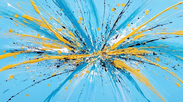 Abstract Explosion of Blue Yellow Gold Paint Splatter Artwork