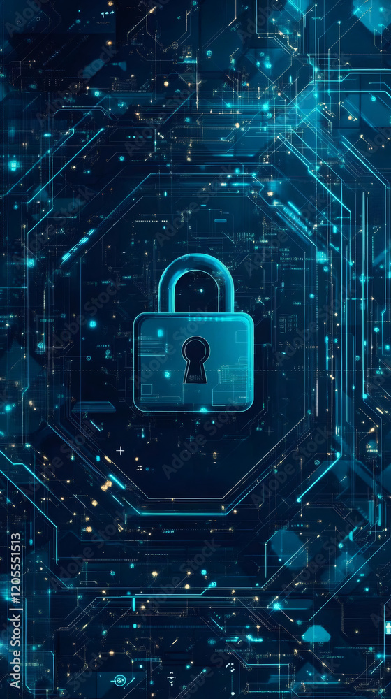 Fototapete glowing digital padlock protecting electronic circuit board, symbolizing advanced cybersecurity and 