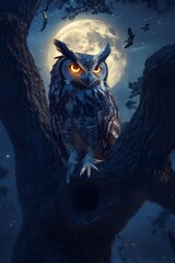 Majestic Owl Perched on Ancient Tree with Glowing Amber Eyes in Moonlit Night