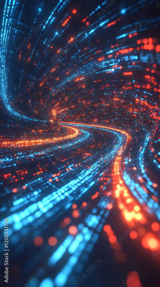 Poster digital particles spiraling, illuminating dynamic data flow, visualizing interconnected information 