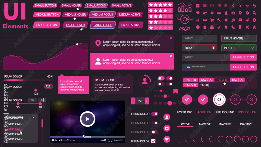 Poster a modern ui kit featuring a collection of buttons, icons, navigation menus, and responsive design el