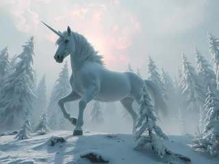 Canvas schilderij Eenhoorn unicorn, being reincarnated into a snow world, sky nebula, artstation scifi 3D scene of a showing forest, maximalism, ambient occlusion, atmospheric haze, unreal engine, hyper realism, realistic shadi  © Iza