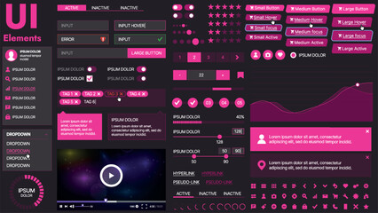 A modern UI kit featuring a collection of buttons, icons, navigation menus, and responsive design elements. Includes login forms, media players, search bars, and calendars, ideal for apps, websites