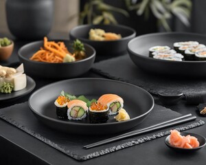 Delicious Sushi Platter on Black Table Setting