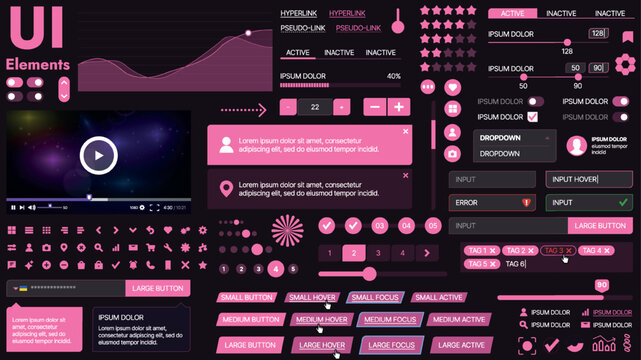 A modern UI kit featuring a collection of buttons, icons, navigation menus, and responsive design elements. Includes login forms, media players, search bars, and calendars, ideal for apps, websites