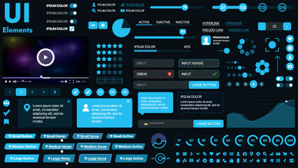 A modern UI kit featuring a collection of buttons, icons, navigation menus, and responsive design elements. Includes login forms, media players, search bars, and calendars, ideal for apps, websites