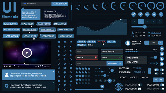 A modern UI kit featuring a collection of buttons, icons, navigation menus, and responsive design elements. Includes login forms, media players, search bars, and calendars, ideal for apps, websites