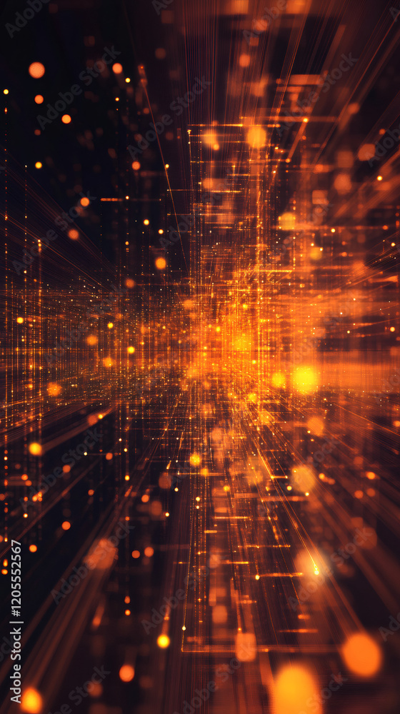 Poster Glowing orange particles and grid lines creating an abstract futuristic cyberspace background