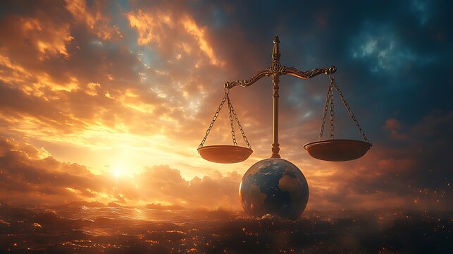 Global Justice Scales of Justice on Earth at Sunset