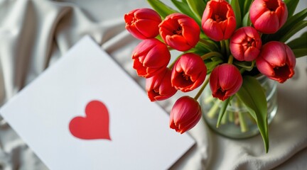 A beautiful vase filled with red tulips sits on a table, next to a card that reads "I love you.". The card is placed on a white surface, and the vase is the main focus of the image
