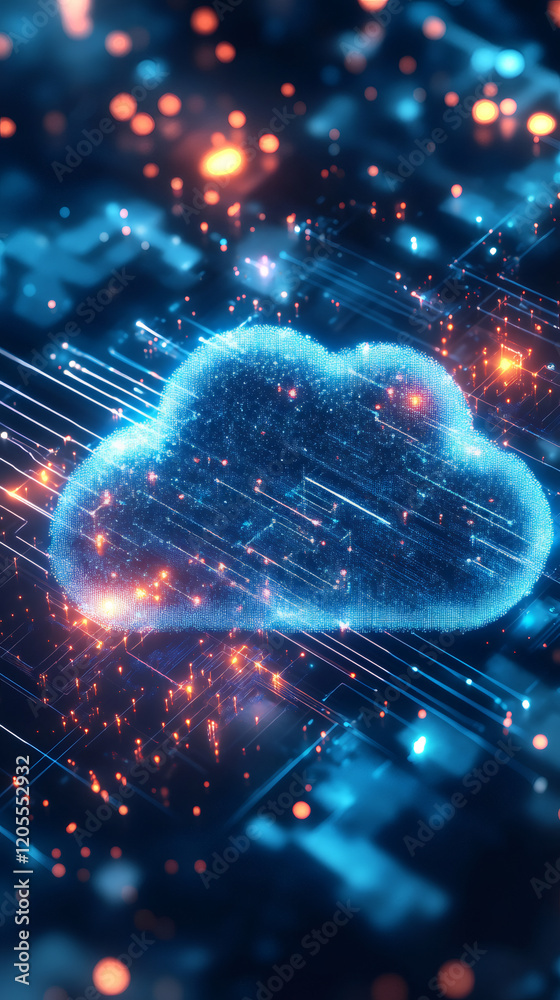 Poster cloud computing and data storage concept with glowing cloud and circuit board representing data tran