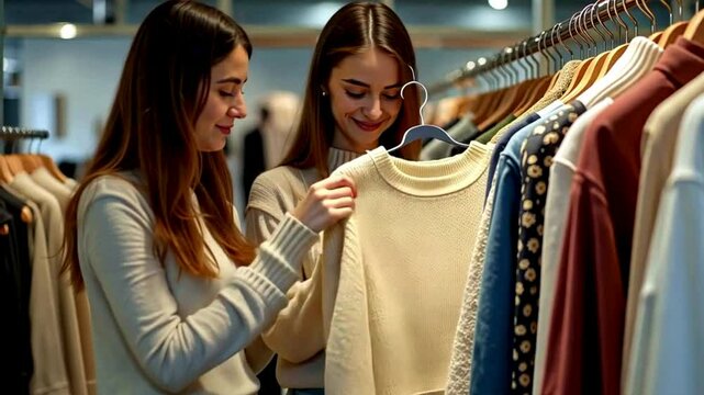 Two young women browsing clothing racks in a modern boutique store, examining a cream-colored knit sweater together. Surrounded by various garments and accessories, they experience personalized custom