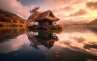 Obraz premium Secluded Cabin on a Tranquil Lake at Sunset