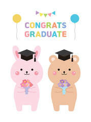 An illustration of cute rabbit and bear characters with a graduation concept holding a bouquet of flowers and wearing a graduation cap. There is congratulatory calligraphy, balloons, and a garland.