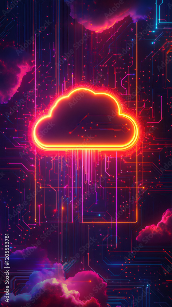 Fototapete glowing cloud computing transferring data through electronic circuits with neon lights and colorful 