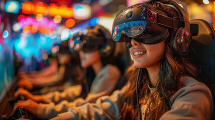 Fototapeta premium Young woman enjoying virtual reality gaming with friends in arcade
