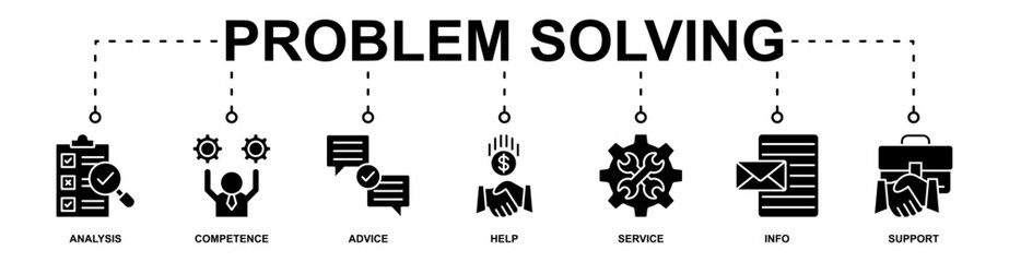 Problem solving banner web icon vector illustration concept with icon of analysis, competence, advice, help, service, info, support