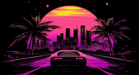 Car ride on the morning road in 80s retro synthwave or 00s vaporwave style.	
