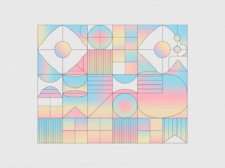 Obraz premium A minimalist abstract vector art with geometric shapes in soft pastel color gradients. There are circles, squares, and triangles in light pink, blue, and yellow. 