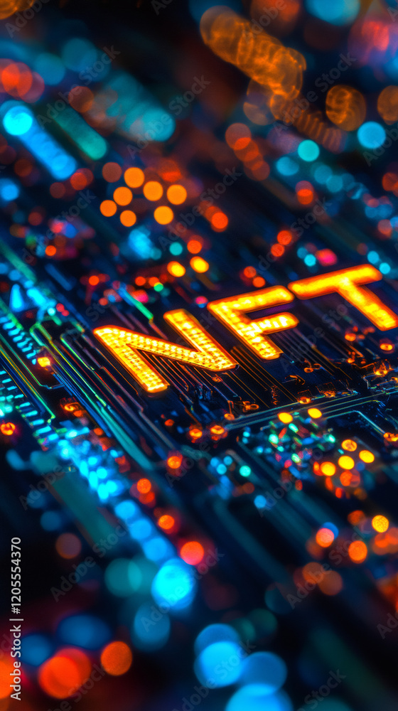 Poster Luminous NFT text glowing on electronic circuit board, representing digital asset ownership within futuristic technological landscape