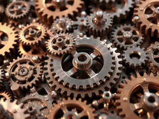 Gears and cogs wheels, industrial background. Artwork digital illustration. From above technical texture of steampunk gears on metal dark brown background. Gears of the mechanism. Wallpaper design