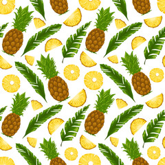 Tropical seamless pattern with pineapples and palm leaves. Vector ornament with exotic fruits and leaves. Sliced pineapple. Hand drawn illustration for wrapping paper, apparel, print