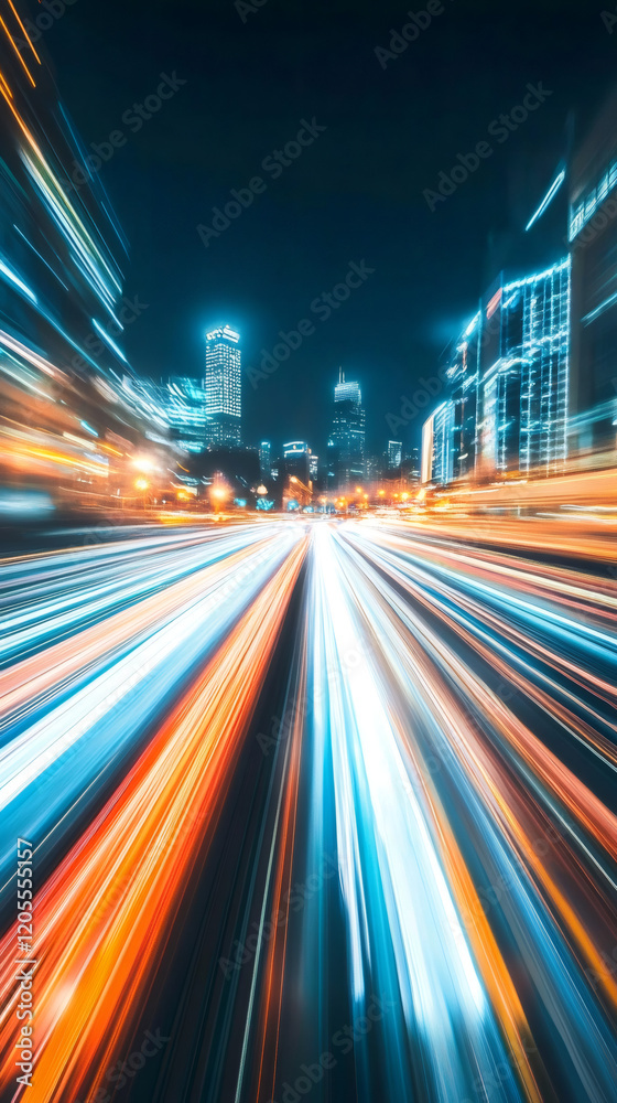 Poster light trails and urban skyscrapers at night creating a futuristic cityscape with dynamic energy