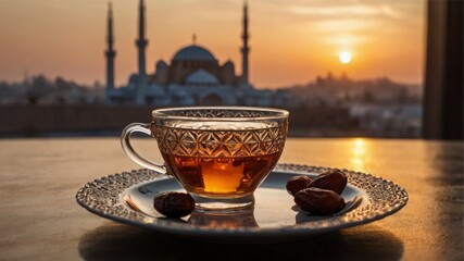 cup of tea with aview of the sunset near the place of worship