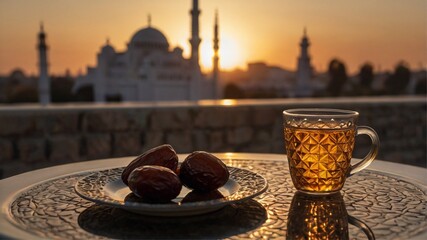 cup of tea with aview of the sunset near the place of worship