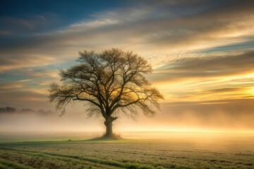Obraz premium Solitary Tree in a Misty Sunrise Field, Bathed in Golden Light, Peaceful and Serene Landscape