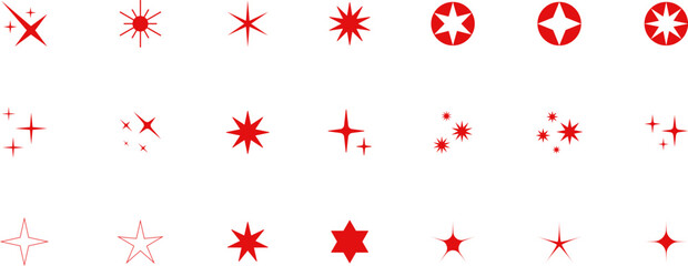 Forms of retro stars. Sunburst design elements. Red beams firework. Best for price tag, sale sticker, quality mark. Flat vector illustration