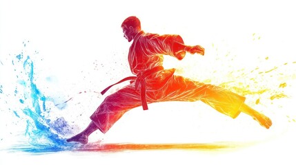 Karate martial artist in dynamic jump, splash art.