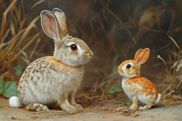 Obraz premium Adult Rabbit and Baby Rabbit Sitting Together