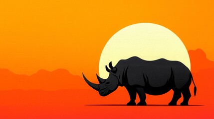 Minimalist Silhouette of a Rhinoceros Against a Sunset Background