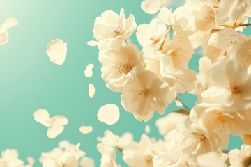 Close-up of Sakura Blossoms With Petals Falling Softly Against a Pastel Blue Background in a Serene Spring Atmosphere