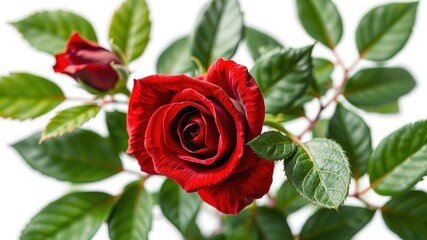 Naklejka premium Dark Red Rose with Green Leaves - AI Photorealistic