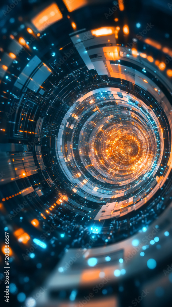 Aufkleber Complex structure with glowing lights forming a futuristic tunnel, transmitting data at high speed