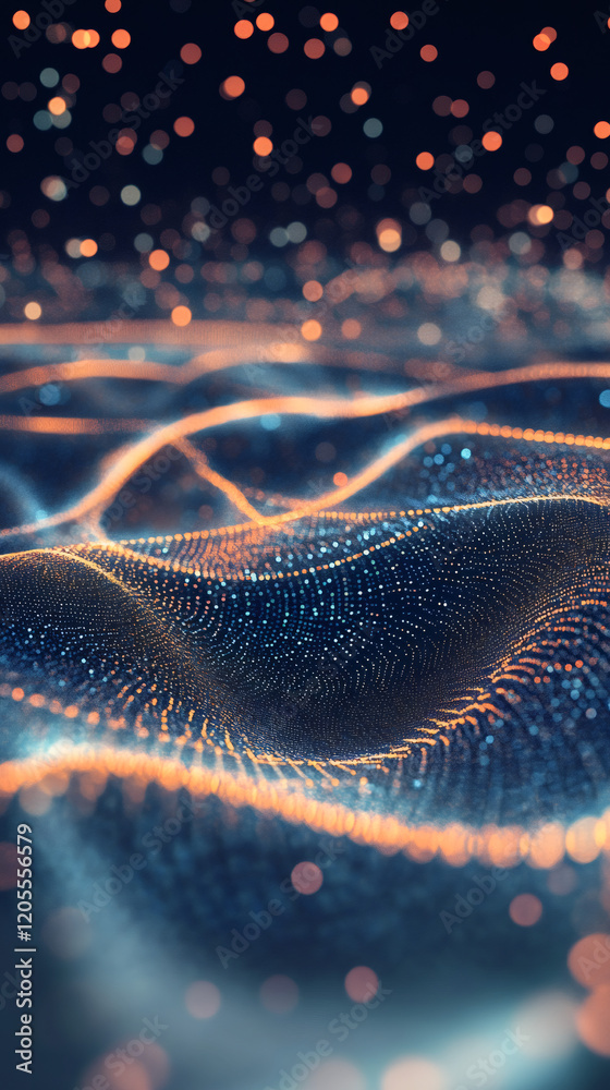 Poster Particles forming wavy surface with bokeh effect creating a futuristic abstract background
