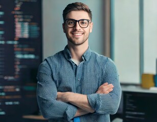 Portrait of a young male programmer, creative designer, developer engineer. He stands in the office with his arms crossed on his chest and looks at the camera with a smile