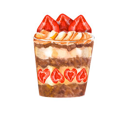 watercolor strawberry trifle with chocolate layers and cream isolated on a white background. A cake in a jar with strawberries inside. hand drawn