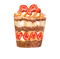 watercolor strawberry trifle with chocolate layers and cream isolated on a white background. A cake in a jar with strawberries inside. hand drawn