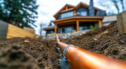 Naklejka premium A copper plumbing pipe is being installed in dug-up soil near a contemporary home surrounded by trees. The work is underway on a cloudy day, indicating progress in construction.