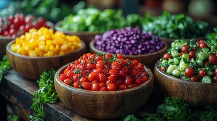 Fresh assorted cherry tomatoes in wooden bowls