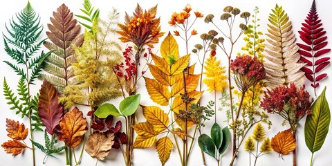 Dried swamp flora, meticulously pressed, displayed on a white backdrop.