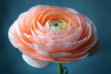 A single peach ranunculus blossom displays delicate petals